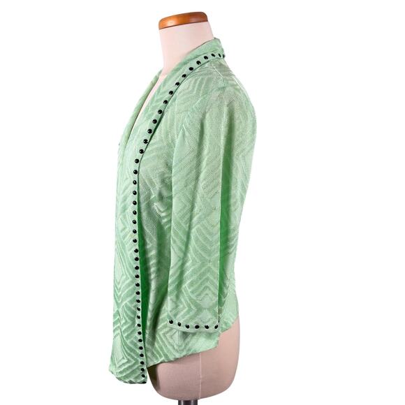 Ming Wang Women Size Medium Green Embossed Geometric Studded Open Front Cardigan - Picture 3 of 14